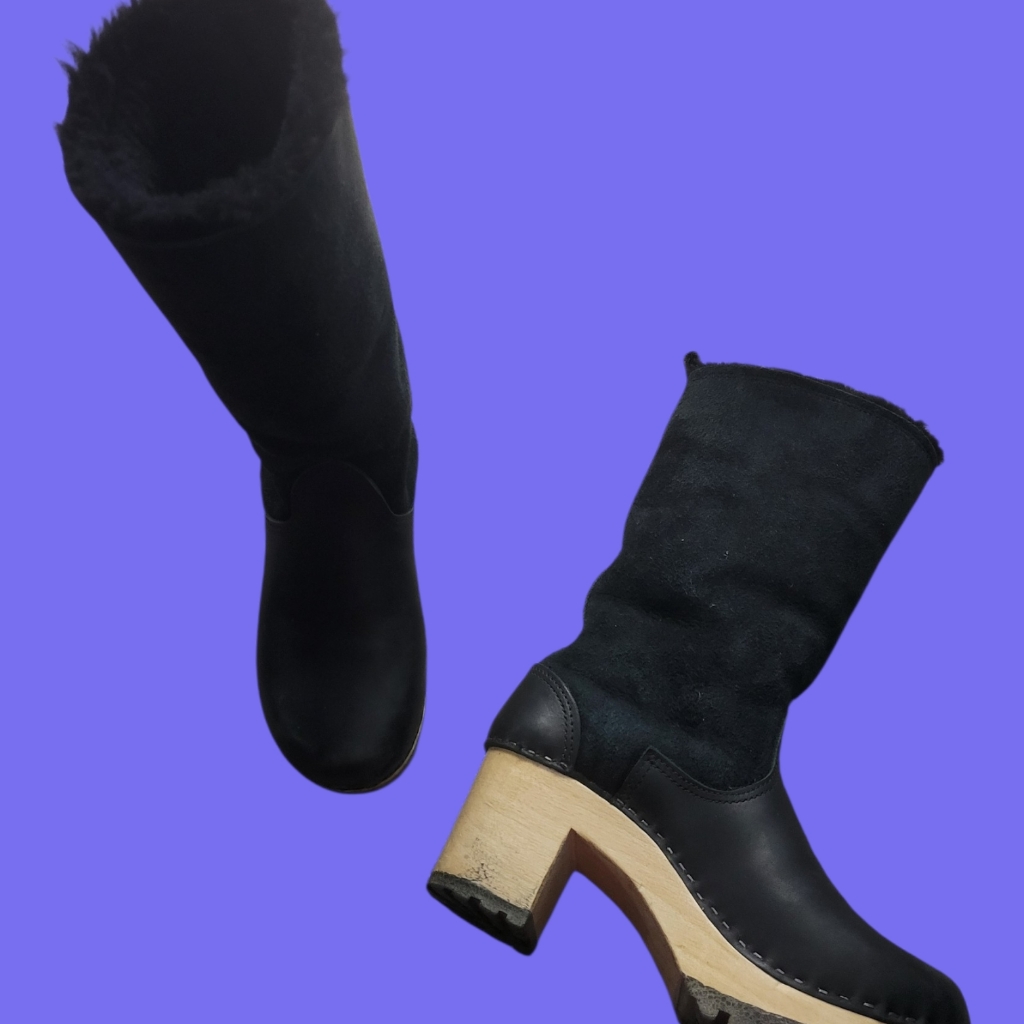 Women's Black Suede & Leather Clog Boots - Mid Calf